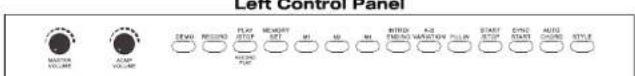 Left Control Panel MAXIMUM VOLUME ACUM VOLUME DEAVI RESCCIO PLAY STOP MACHINE SET MI MO MI INTERIOR FLOWING AIR MOUNTED PULLIN START STOP ONION START AUTO CHORD STYLE