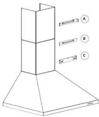 Technical diagram of a multi-tiered kitchen chimney with labeled components A, B, and C