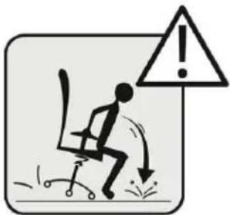 Warning sign showing a person sitting on an office chair with a downward arrow and exclamation mark, indicating workplace safety or stress.