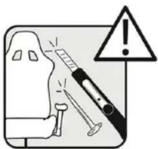 Safety warning illustration showing a person using a syringe to prevent an explosion, with a warning triangle and exclamation mark.