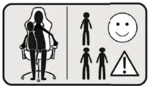 Safety warning sign showing a person in an office chair with corresponding visual icons for smiley face, warning symbol, and warning triangle.