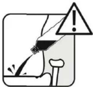 Safety warning illustration showing a person pouring liquid with a warning triangle and exclamation mark