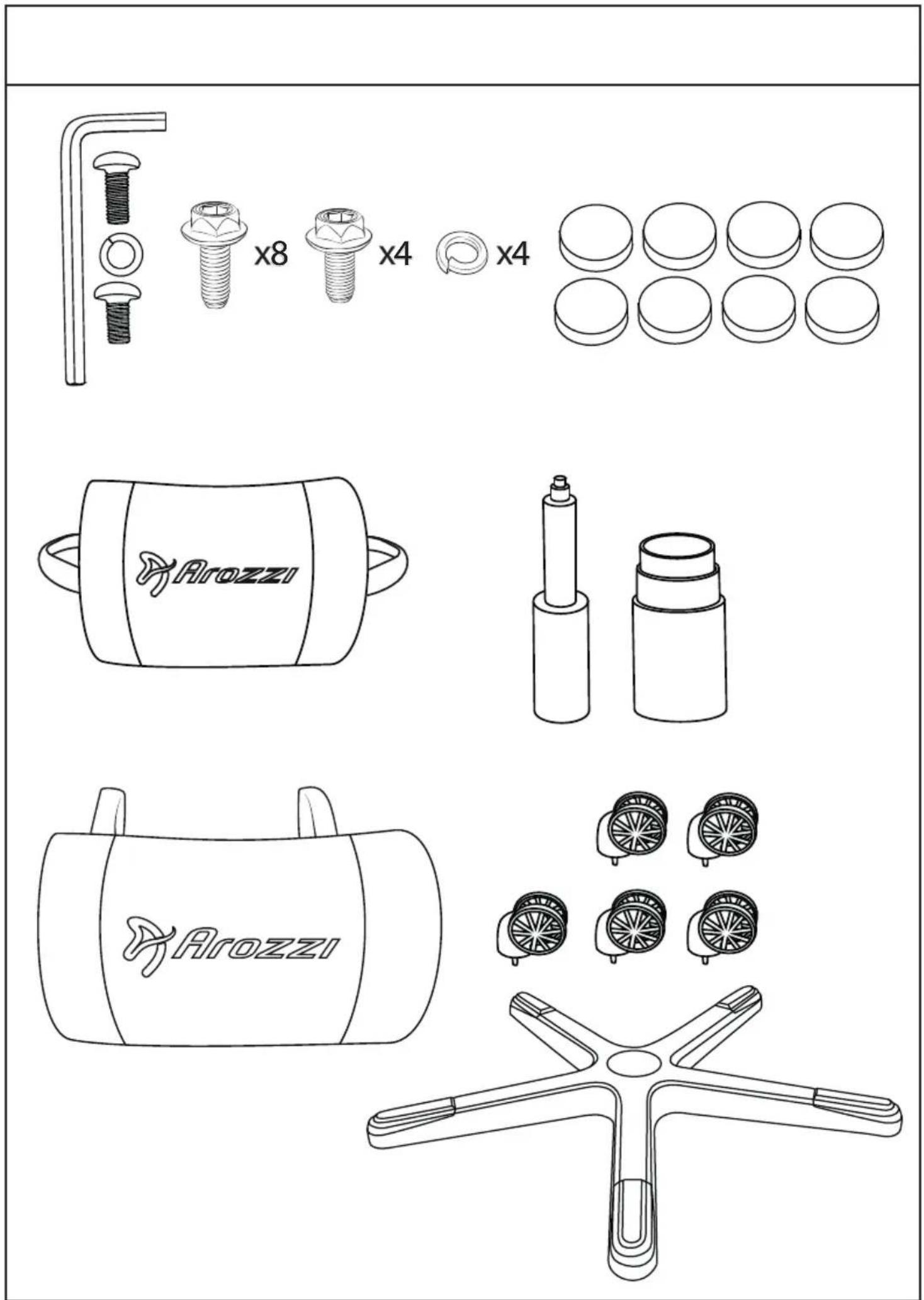 Technical diagram showing exploded view of a mechanical assembly with labeled components and parts including bolts, washers, and a device labeled 'Arozzi'.