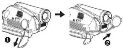 Diagram showing two steps of a device's internal components, labeled ① and ②, with arrows indicating movement.