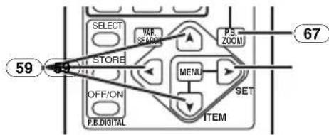 graph TD A["SELECT"] --> B["VAR SEASON"] B --> C["P.B ZOOM"] C --> D["SET"] D --> E["MENU"] E --> F["OFF/ON"] F --> G["P.B.DIGITAL"] G --> H["ITEM"] I["59"] --> J["67"]