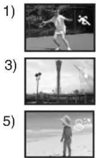 Three black-and-white photos showing a person in motion, a tower structure, and a person standing on a beach (no text or symbols visible)
