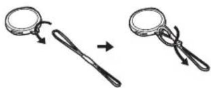 Two-step illustration of a magnifying glass being held, showing the process from lifting to adjusting the handle (no text or symbols present)