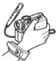 Hand holding a handheld electronic device with a probe and cable (no visible text or symbols)