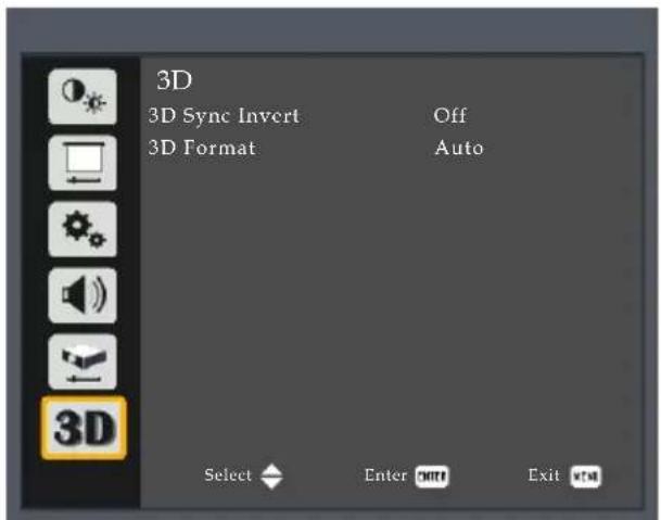 3D 3D Sync Invert Off 3D Format Auto 3D Select Enter Exit