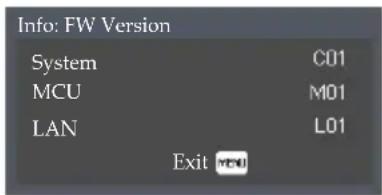 Info: FW Version System C01 MCU M01 LAN L01 Exit OK