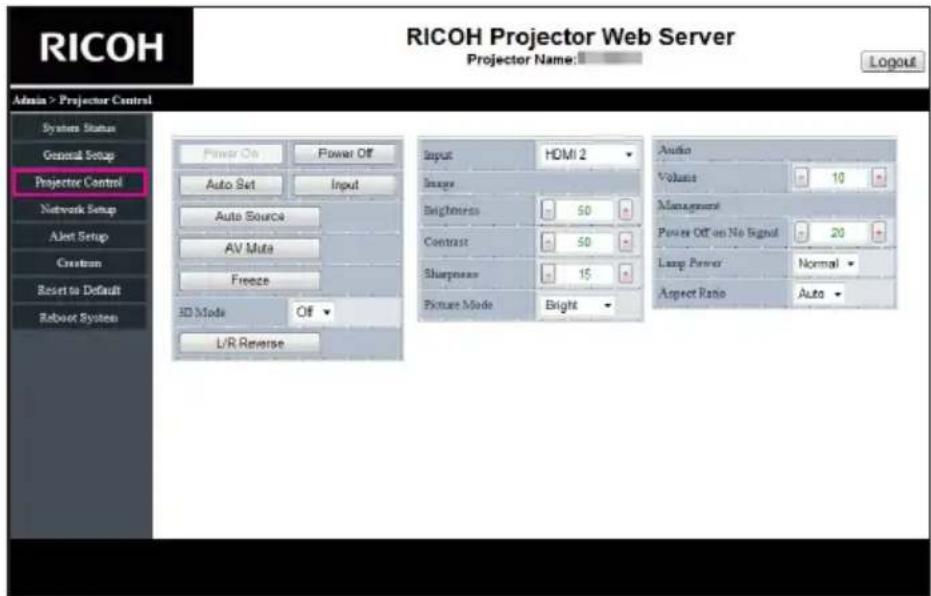 RICOH Projector Web Server Projector Name: Login Admin > Projector Control System Status General Setup Projector Control Network Setup Alert Setup Creation Reset to Default Reboot System Power On Power Off Auto Set XiInput Auto Source AV Mute Freeze 3D Mode Off L/R Reverse Input HDMI 2 Image Brightness 50 Contrast 50 Sharpness 15 Picture Mode Bright Audio Volume 10 Management Power Off on No Signal 20 Lamp Power Normal Aspect Ratio Auto