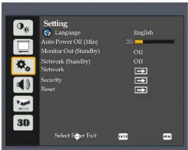 Setting Language English Auto Power Off (Min) 20 Monitor Out (Standby) Off Network (Standby) Off Network Security Reset Select Enter Exit OK PM