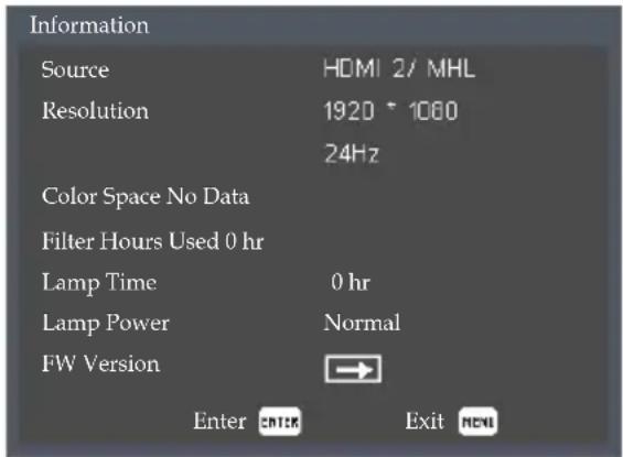 Information Source HOMI 2/ MHL Resolution 1920 * 1060 24Hz Color Space No Data Filter Hours Used 0 hr Lamp Time 0 hr Lamp Power Normal FW Version → Enter enter Exit exit