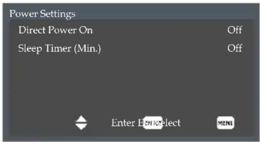 Power Settings Direct Power On Off Sleep Timer (Min.) Off Enter EventSelect MENU