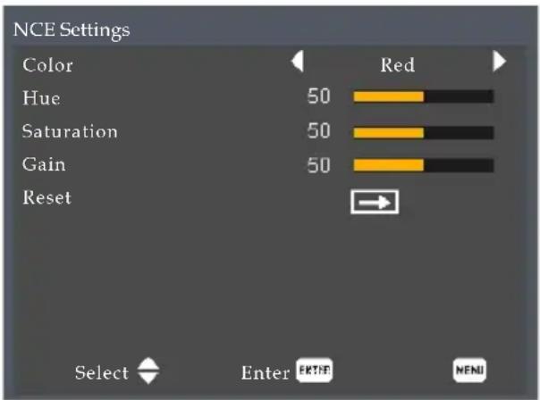 NCE Settings Color Hue 50 Saturation 50 Gain 50 Reset Red Select Enter ENTIE MENI