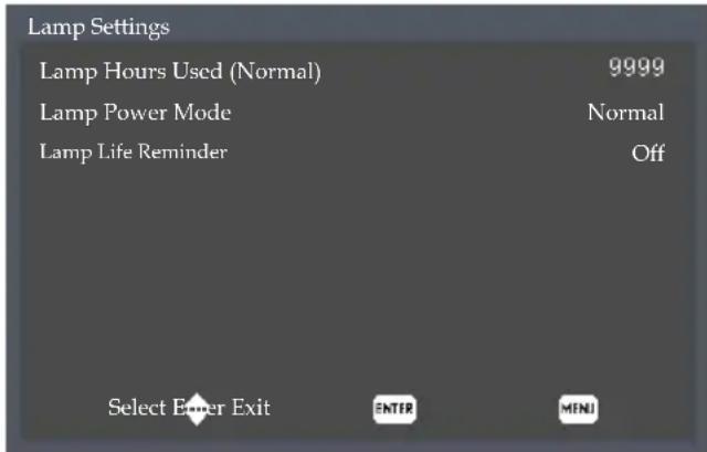 Lamp Settings Lamp Hours Used (Normal) 9999 Lamp Power Mode Normal Lamp Life Reminder Off Select Enter Exit ENTER MINI