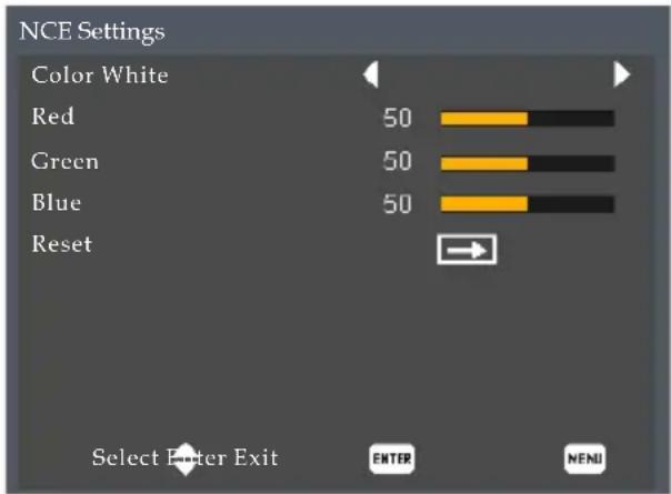 NCE Settings Color White Red 50 Green 50 Blue 50 Reset Select Enter Exit ENTER NENI