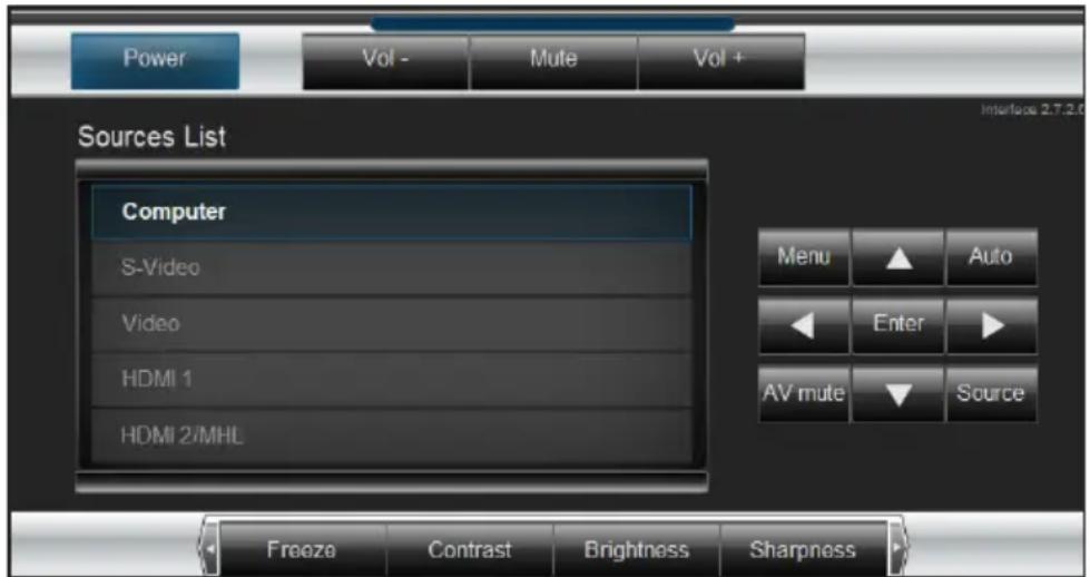 Power Vol - Mute Vol + Sources List Computer S-Video Video HDMI 1 HDMI 2/MHL Menu ▲ Auto ◀ Enter ▶ AV mute ▼ Source Freeze Contrast Brightness Sharpness