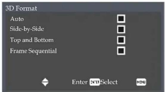 3D Format Auto Side-by-Side Top and Bottom Frame Sequential Enter Select