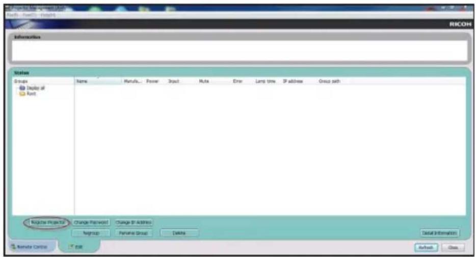 RICOH Information Status Groups Display at Root Name Manual... Power Input Units Error Lamp time IP address Group path Register Project Change Password Change IP Address Newsgp Future Group Delete Detail Information Remote Context Edit Refresh Class