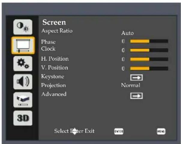 Screen Aspect Ratio Phase Clock H. Position V. Position Keystone Projection Advanced Auto Normal Select Enter Exit OK FEN