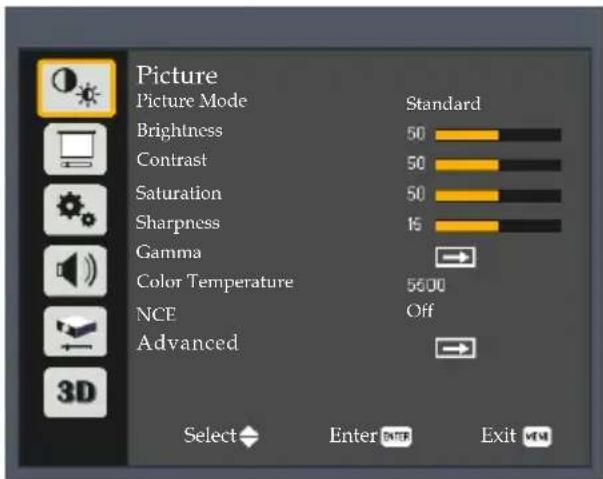 Picture Picture Mode Standard Brightness 50 Contrast 50 Saturation 50 Sharpness 15 Gamma Color Temperature 5000 NCE Off Advanced Select Enter Exit