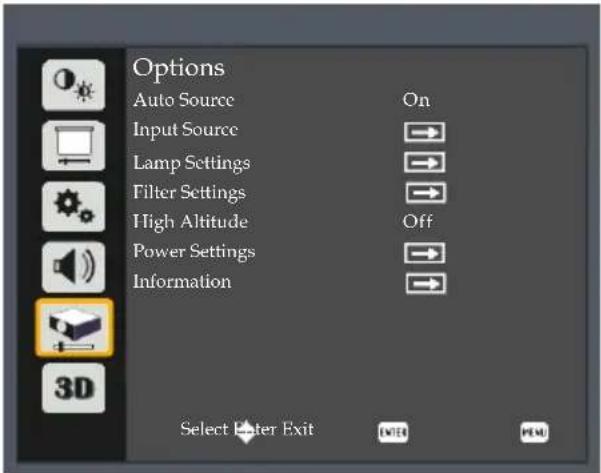 Options Auto Source On Input Source Lamp Settings Filter Settings High Altitude Off Power Settings Information Select Filter Exit