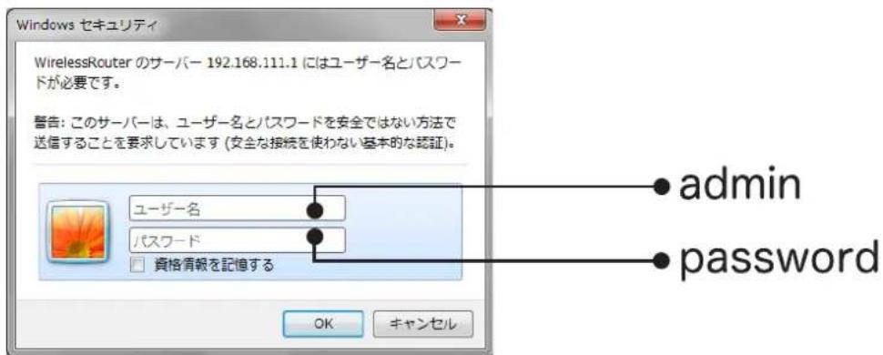 Windows セキュリティ WirelessRouter のサーバー 192.168.111.1 にはユーザー名とパスワードが必要です。 警告: このサーバーは、ユーザー名とパスワードを安全ではない方法で送信することを要求しています (安全な接続を使わない基本的な認証)。 ユーザー名 パスワード 資格情報を記憶する admin password OK キャンセル