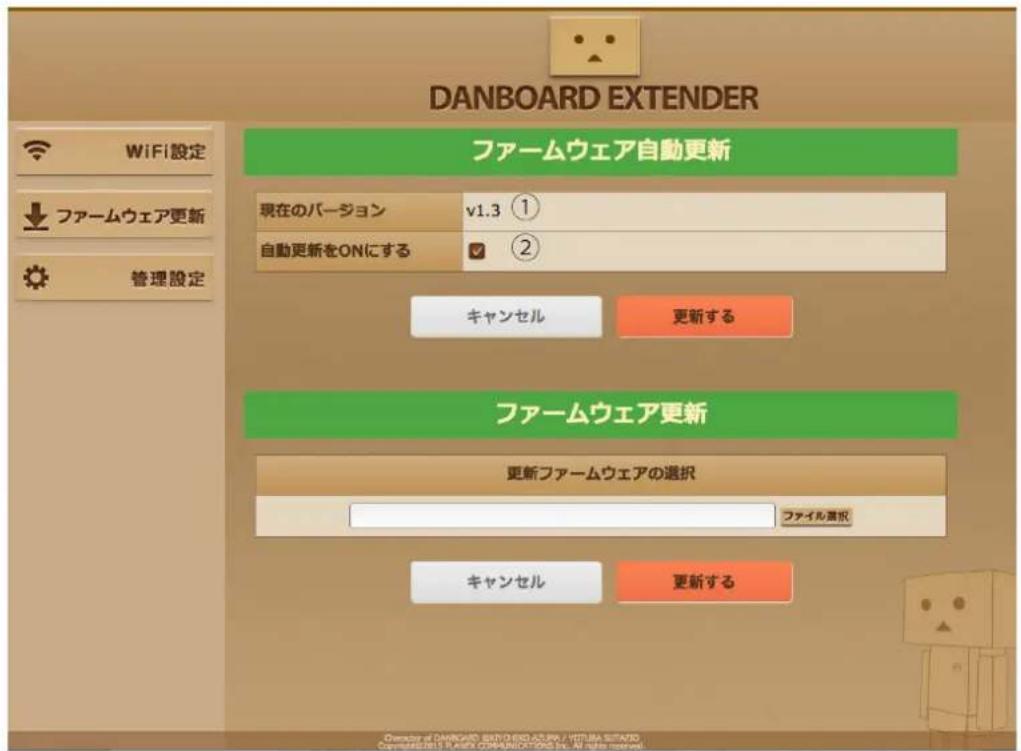DANBOARD EXTENDER WiFi設定 ファームウェア自動更新 現在のバージョン v1.3 ① 自動更新をONにする ✓ ② キャンセル 更新する ファームウェア更新 更新ファームウェアの選択 ファイル選択 キャンセル 更新する Character of DANBOARD EXTENDED AS PR / HTTP://SOTATO Organisations & Privacy Organization/SCN by: All rights reserved.