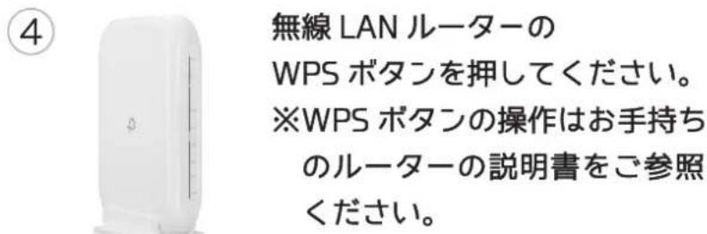 無線 LAN ルーターの WPS ボタンを押してください。 ※WPS ボタンの操作はお手持ち のルーターの説明書をご参照 ください。