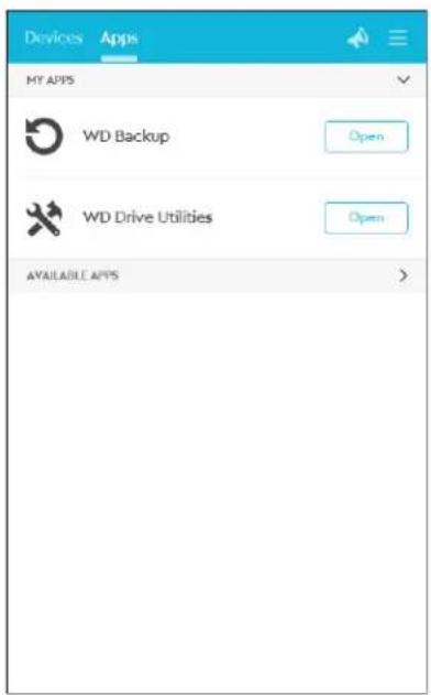 Devices Apps MY APPS WD Backup Open WD Drive Utilities Open AVAILABLE APPS