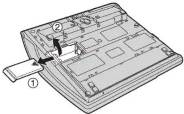 Technical diagram of a device rear panel with labeled components and directional arrows indicating assembly or movement.
