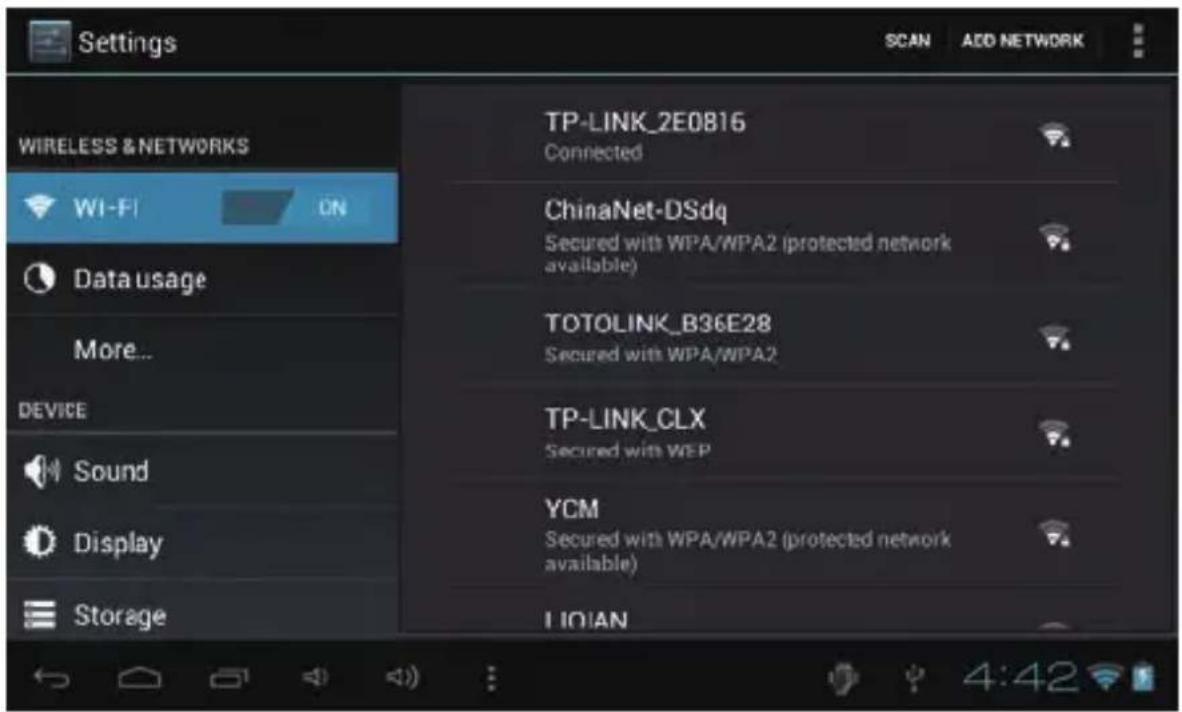 Settings WIRELESS & NETWORKS WI-FI ON Data usage More... DEVICE Sound Display Storage TP-LINK_2E0816 Connected ChinaNet-DSdq Secured with WPA/WPA2 (protected network available) TOTOLINK_B36E28 Secured with WPA/WPA2 TP-LINK_CLX Secured with WEP YCM Secured with WPA/WPA2 (protected network available)…