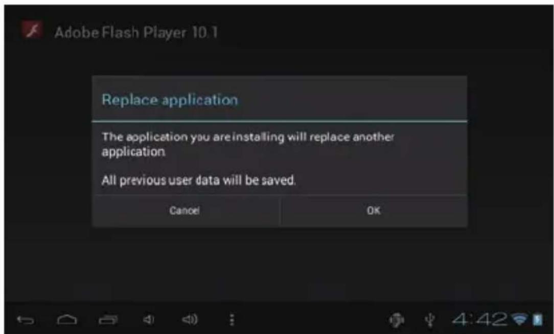 Adobe Flash Player 10.1 Replace application The application you are installing will replace another application All previous user data will be saved. Cancel OK