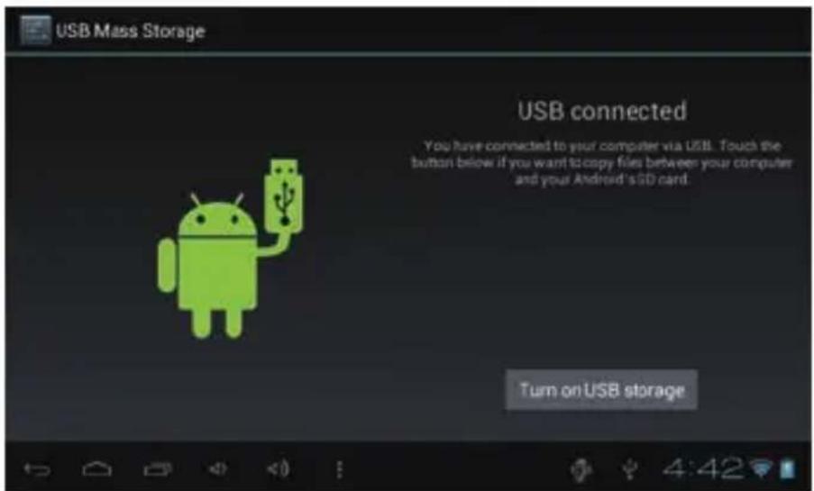 USB Mass Storage USB connected You have connected to your computer via USB. Touch the button below if you want to copy files between your computer and your Android's SD card. Turn on USB storage