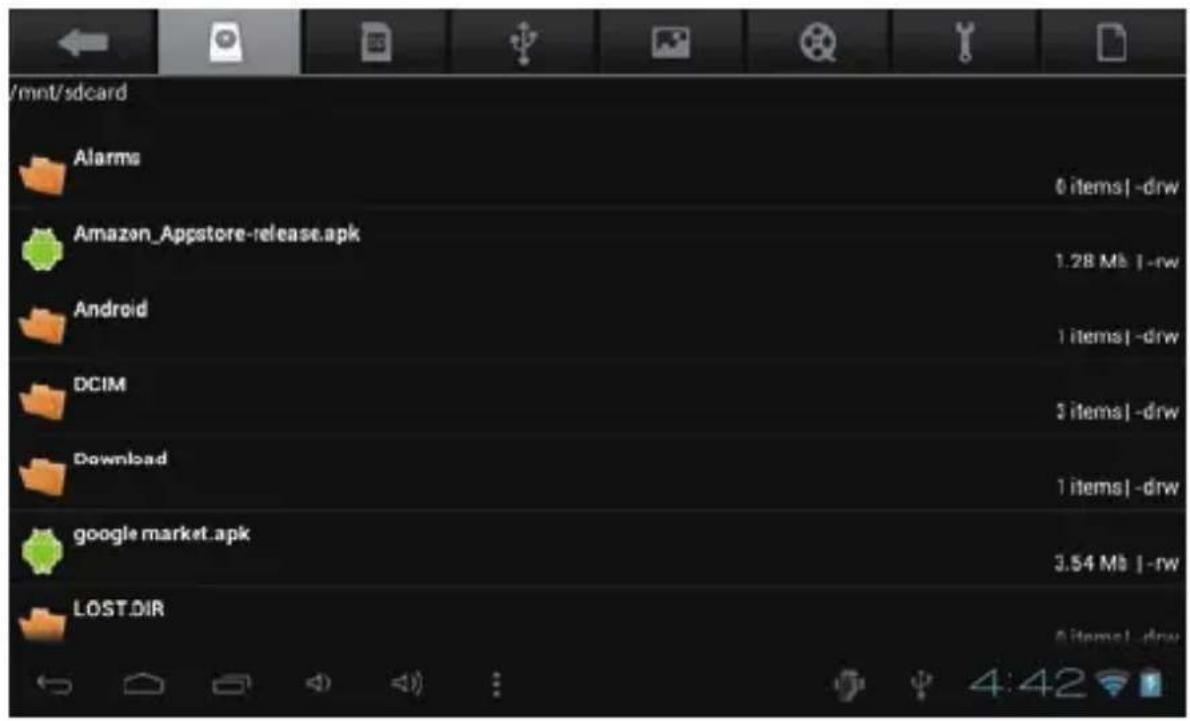 /mnt/sdcard Alarms 6 items | -drw Amazon_Appstore-release.apk 1.28 Mb | -rw Android 1 items | -drw DCIM 3 items | -drw Download 1 items | -drw google market.apk 3.54 Mb | -rw LOST.DIR 6 items | -drw