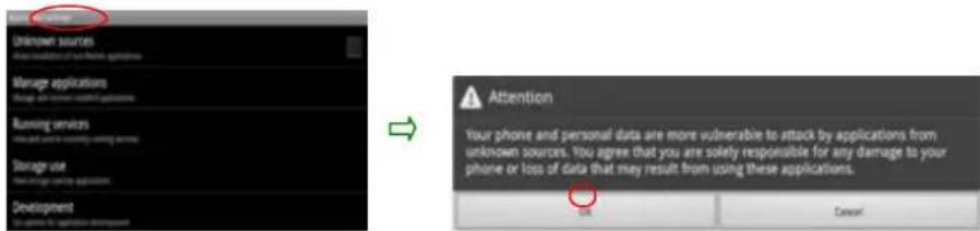 Unknown sources Manage applications Running services Storage use Development → Attention Your phone and personal data are more vulnerable to attack by applications from unknown sources. You agree that you are solely responsible for any damage to your phone or loss of data that may result from using…