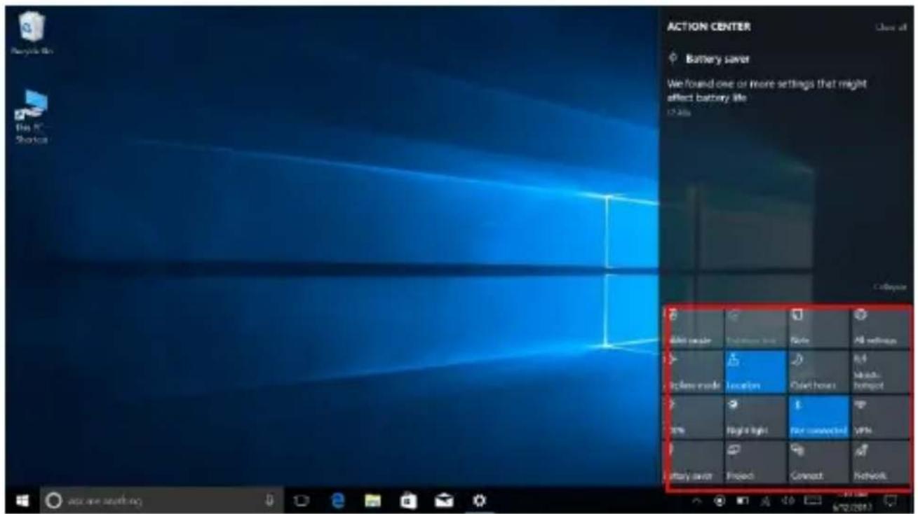 ACTION CENTER Battery saver We found one or more settings that might affect battery life 12.4% Add cover Take-over Share All settings Include mode Location Close home 8:4 Meats hotspot High light For connected VIPs Battery cover Project Connect Network