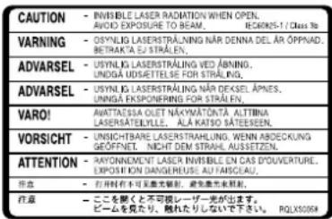 CAUTION - INVISIBLE LASER RADIATION WHEN OPEN. AVADO EXPOSURE TO BEAM, ECONES 1 / Class No VARNING - OSYNLIG LASERSTRALING NÄR DENNA DEL ÄR ÖPPNAD, BETRAKTA EL STRALIN ADVARSEL - OSYNLIG LASERSTRALING VED ÄBNING, UNIDGA USDETE TELSE STRALIN ADVARSEL - OSYNLIG LASERSTRALING NÄR DEKSEL ÄPINES, UNIDGA EKSPONERING FOR STRALIN VARO! AVATTASCELA OUT TÄNYMATÖNTÄ ALTINNA LASERSTRALILE, AL-ÄRITÄND, MÄTISESZEIN, VORSICHT - UNSICHTBARE LASERSTRALUNG, WENN ABDECKUNG GEWEN, ANCHT DEUTSLE, BASERTZEN, ATTENTION - RAYONNEVELT LASER INBIESTE EN CAS D'OUVERTURE, EXPOSITION DANGEREISE AUTISCAU, 注意 - 左何有不可见图示意图,避免儿童未知。 注意 - ここを開くと不可見レーザー光が出来。 ピームを覧みで、離れたりしないで下さい。 RQLX0269