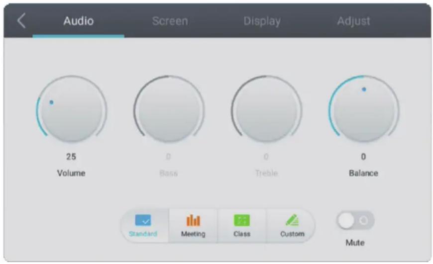 Audio Screen Display Adjust 25 Volume 0 Bass 0 Treble 0 Balance Standard Meeting Class Custom Mute