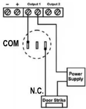 - + Output 1 Output 2 COM N.C. Power Supply Door Strike