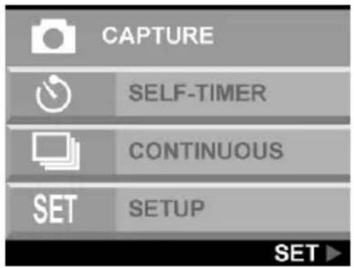 CAPTURE SELF-TIMER CONTINUOUS SET SETUP SET ▶