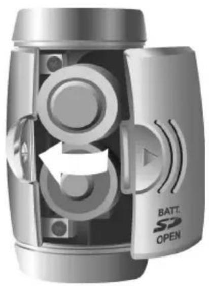 Cross-sectional diagram of a battery showing internal components and directional arrows (no text or symbols)