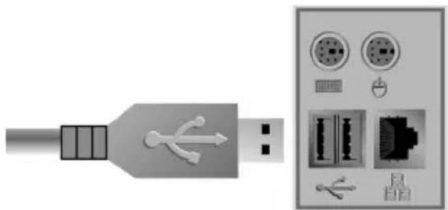 Diagram showing a USB cable connected to an external network switch with ports and connectors (no text or symbols)