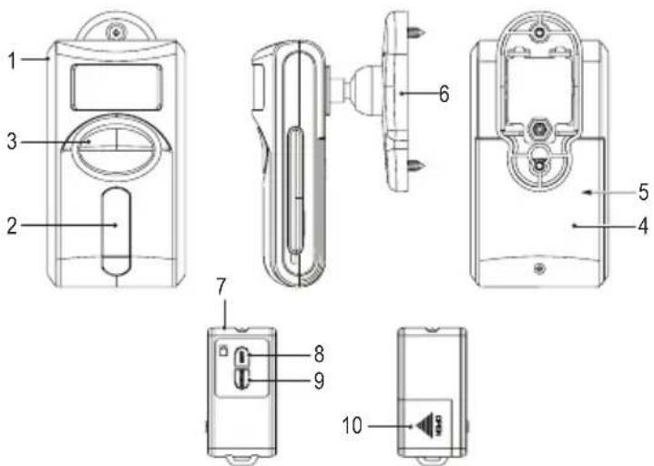 Technical diagram of a device with numbered parts for identification and assembly reference.