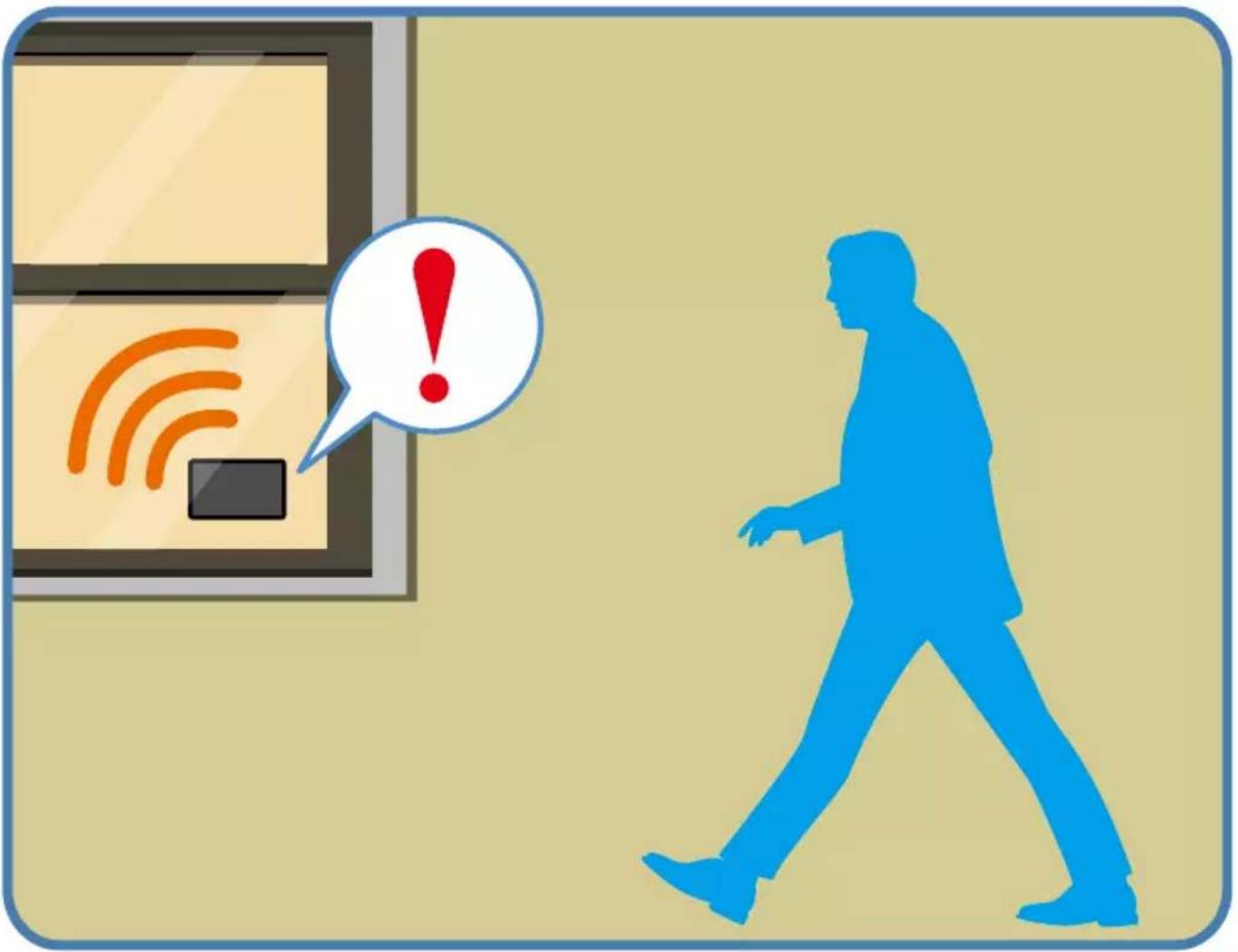 Illustration showing a person walking with a warning speech bubble containing Wi-Fi signal icons, symbolizing digital security or infection.