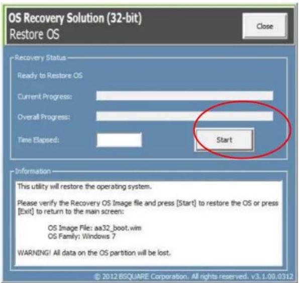 OS Recovery Solution (32-bit) Restore OS Close Recovery Status Ready to Restore OS Current Progress: Overall Progress: Time Elapsed: Start Information This utility will restore the operating system. Please verify the Recovery OS Image file and press [Start] to restore the OS or press [Exit] to return to the main screen: OS Image File: aa32_boot.wim OS Family: Windows 7 WARNING! All data on the OS partition will be lost. © 2012 BSQUARE Corporation. All rights reserved. v3.1.00.0312