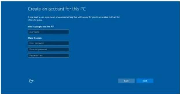 Create an account for this PC If you want to use a password, choose remembering that will be easy for you to remember but hard for others to gain. When going to use this PC? User name Make it secure. User password No error password Password mask Next Next