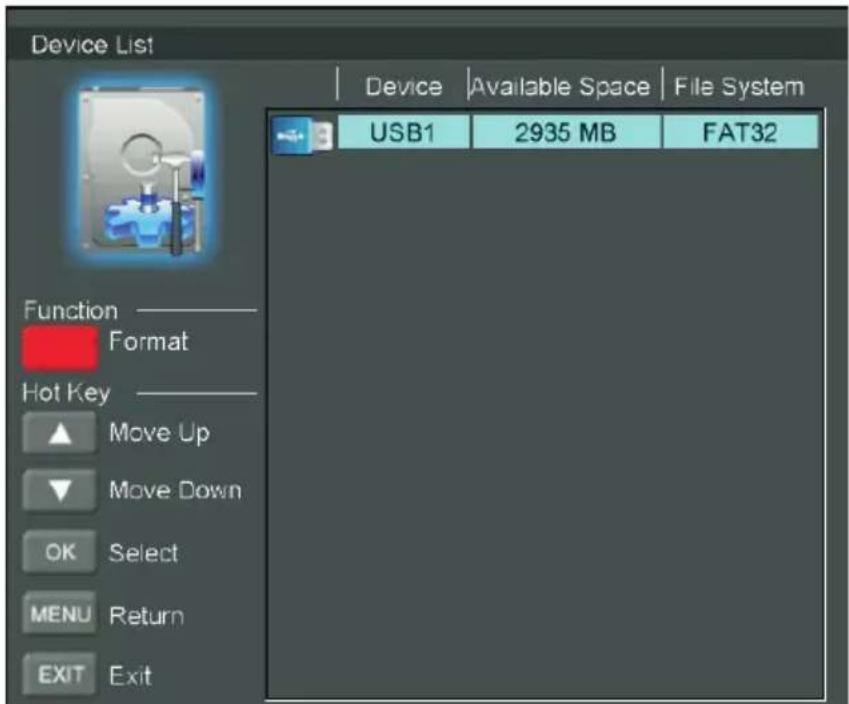 Device List Device | Available Space | File System USB1 2935 MB FAT32 Function ———— Format Hot Key ———— Move Up Move Down OK Select MENU Return EXIT Exit