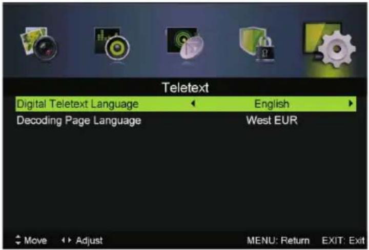 Teletext Digital Teletext Language ← English → Decoding Page Language West EUR Move Adjust MENU: Return EXIT: Exit